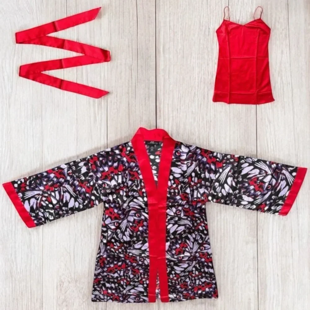 Midnight Velvet Satin Kimono Robe Set Red Floral Camisole Lingerie Large